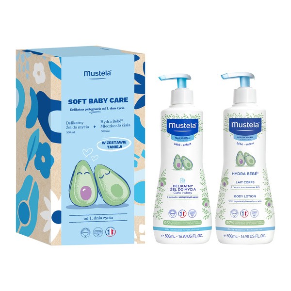 Zestaw Mustela Soft Baby Care, żel do mycia 500 ml + Hydra Bebe mleczko do ciała 500 ml