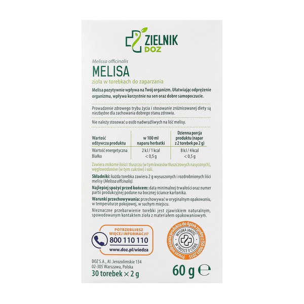 ZIELNIK DOZ Melisa, zioła do zaparzania, 2 g x 30 szt.