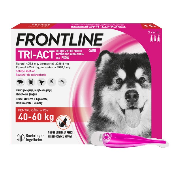 Frontline Tri-Act Spot-on XL Pies 40-60 kg, potrójna ochrona przed pasożytami, krople w pipetach, 6 ml x 3 szt.