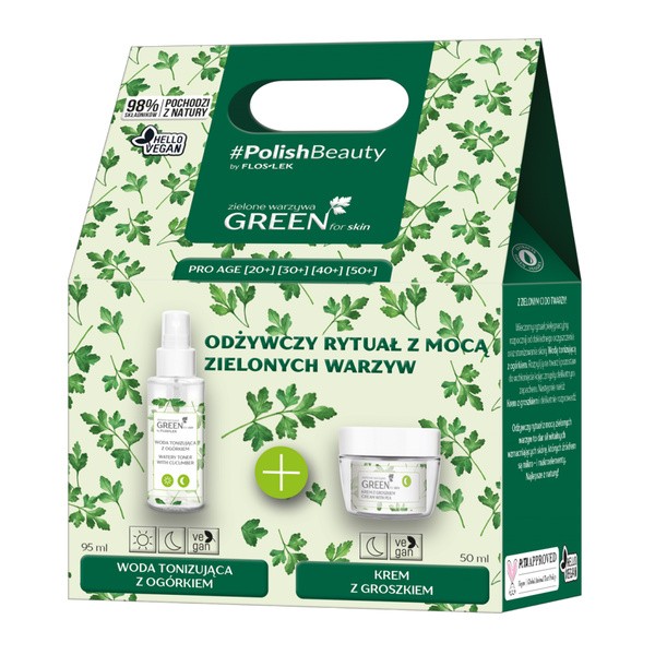 Zestaw Flos-Lek GREEN for skin, krem z groszkiem na noc, 50 ml + woda tonizująca z ogórkiem, 95 ml