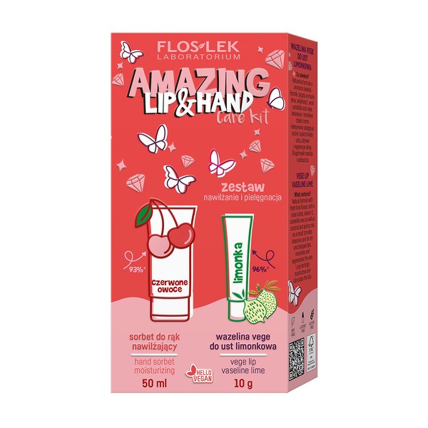 Zestaw Flos-Lek Amazing LIP & HAND, wazelina vege do ust limonka, 10 g + nawilżający sorbet do rąk, 50 ml