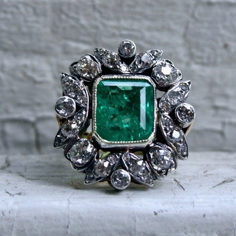 Popularny 925 czyste srebro kwadratowy zielony diament zareczynowy slub milosc piersci rozmiar 6 11