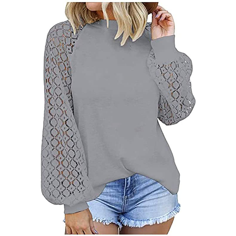 Śliczne koszule damskie z rękawami typu latarnia, ażurowy sweter, dzianinowy sweter waflowy, bluzka z koronkowymi przeszyciami, jesienne ubrania