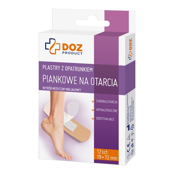 DOZ PRODUCT Plastry z opatrunkiem, piankowe na otarcia, 19 x 72 mm, 12 szt.