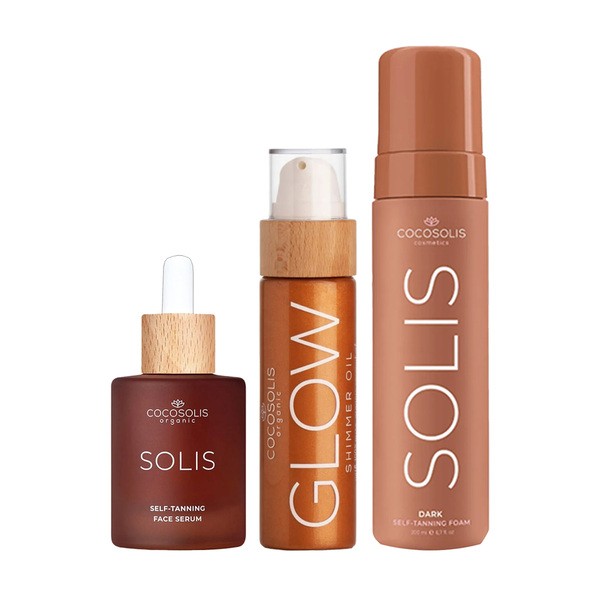 Zestaw Cocosolis, Solis Self-tanning Foam, pianka samoopalająca do ciała, Dark, 200 ml + Solis, samoopalające serum do twarzy, 50 ml + Glow, olejek nabłyszczający z drobinkami, 110 ml