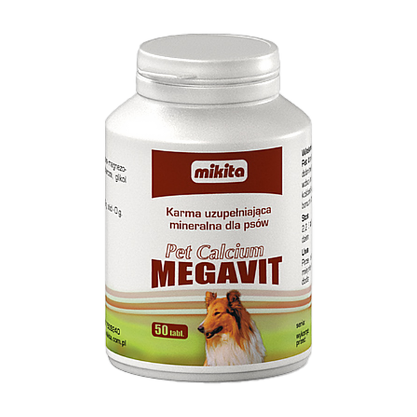 Mikita Pet Calcium megavit, karma uzupełniająca mineralna dla psów,  tabletki, 50 szt.