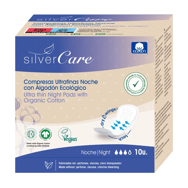 Silver Care, ultracienkie bawełniane podpaski ze skrzydełkami, na noc, 10 szt.