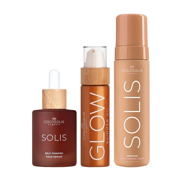 Zestaw Cocosolis, Solis Self-tanning Foam, pianka samoopalająca do ciała, Medium, 200 ml + Solis, samoopalające serum do twarzy, 50 ml + Glow, olejek nabłyszczający z drobinkami, 110 ml