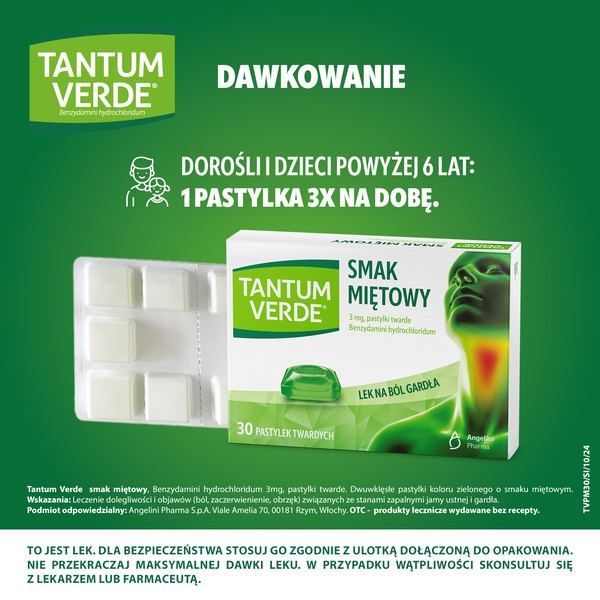 Tantum Verde smak miętowy, 3 mg, pastylki twarde, 30 szt.