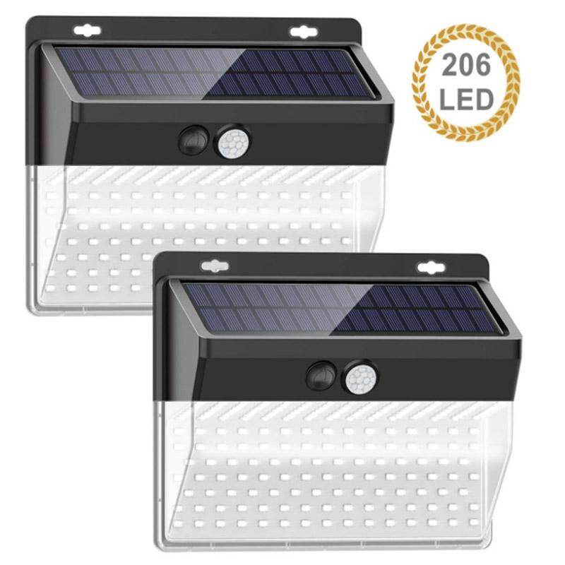Luminária de parede solar LED para exterior, 136/206 LEDs, à prova d'água, com sensor de movimento PIR.