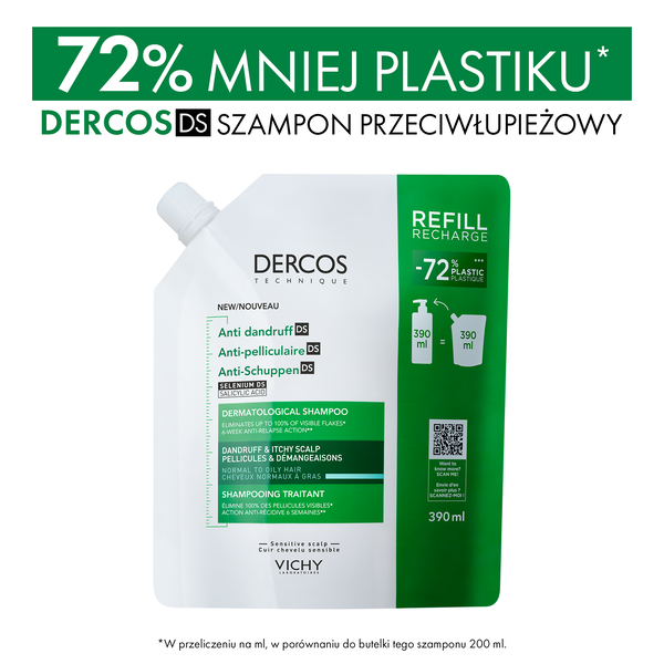 Vichy Dercos DS, szampon przeciwłupieżowy, włosy normalne i przetłuszczające się, opakowanie uzupełniające, 390 ml
