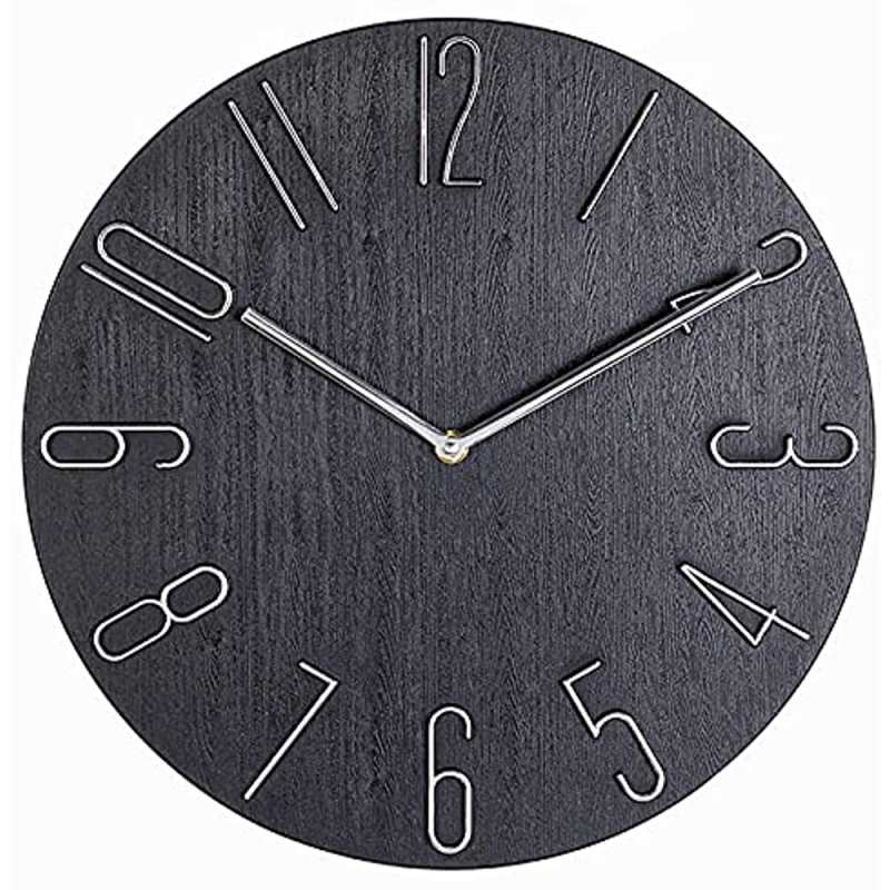 12 inch moderne wandklok, stil, niet-tikkend, houten frameloos, hoogwaardige quartz klok op batterijen, 3D-cijfers, gemakkelijk af te lezen, zwarte wandklok voor woonkamer, keuken, slaapkamer, kantoor.