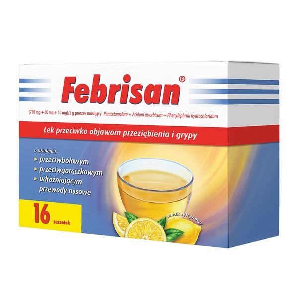 Febrisan, proszek musujący o smaku cytrynowym, 5 g, 16 saszetek