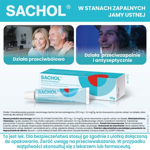 Sachol żel stomatologiczny, do stosowania w jamie ustnej i na dziąsła, 10 g